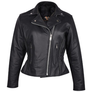 Vance Leather Women's Black Leather Braided and Studded Biker Motorcycle Riding Jacket