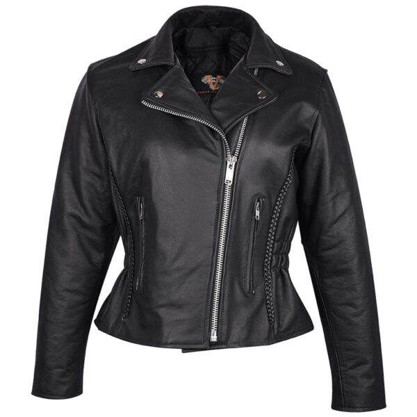 Vance Leather Women's Black Leather Braided and Studded Biker Motorcycle Riding Jacket