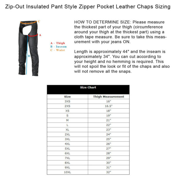 Vance Leather Unisex Black Zipout Insulated Thermal Lined Zipper Pocket Biker Motorcycle Leather Chaps - Image 3