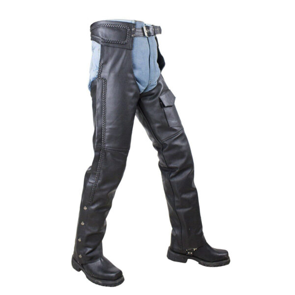 Vance Leather Unisex All Season Black Zip-out Insulated Thermal Liner Braided Biker Leather Motorcycle Chaps - Image 3