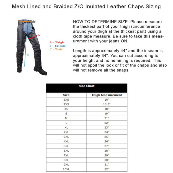 Vance Leather Unisex All Season Black Zip-out Insulated Thermal Liner Braided Biker Leather Motorcycle Chaps - Image 4