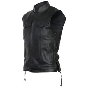 Vance Mens Black SOA Club Style Leather Motorcycle Vest With Side Laces