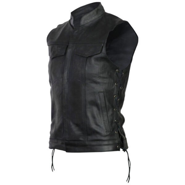 Vance Mens Black SOA Club Style Leather Motorcycle Vest With Side Laces