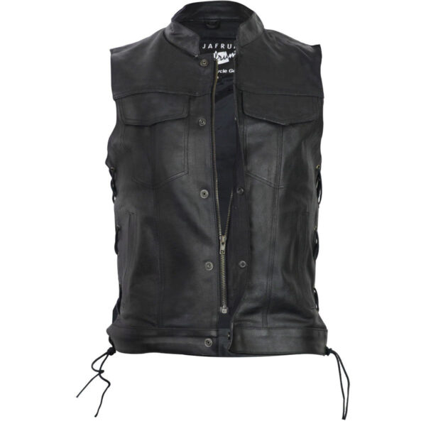 Vance Mens Black SOA Club Style Leather Motorcycle Vest With Side Laces - Image 4