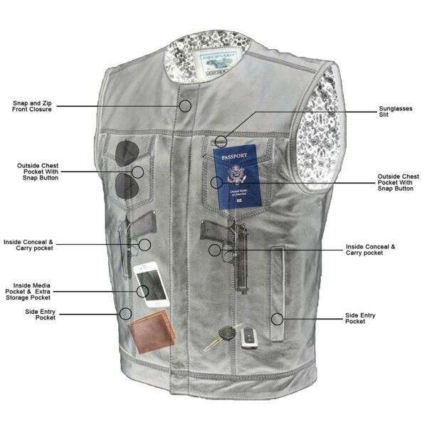 Vance Mens Black Premium Cowhide Leather Biker Motorcycle Vest With Quick Access Conceal Carry Pockets and Paisley Liner - Image 5