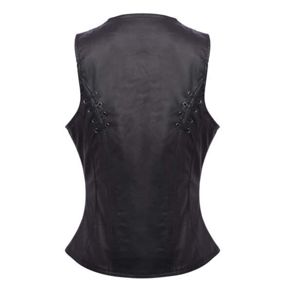 High Mileage Women's Black Premium Soft Goatskin Leather Vest With Twill Lace and Grommet Highlights - Image 2