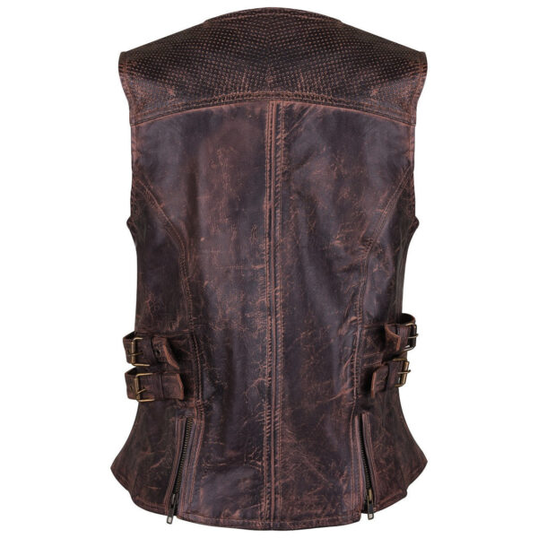 High Mileage Womens Vintage Brown Premium Cowhide Biker Motorcycle Leather Vest With Buckles - Image 2