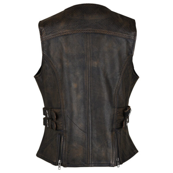 High Mileage HML1037DB Womens Distressed Brown Premium Cowhide Biker Motorcycle Leather Vest With Buckles - Image 3