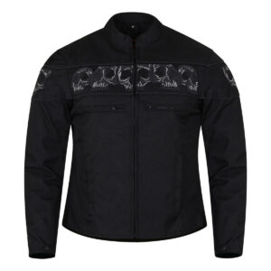 High Mileage Men's Concealed Carry Black Reflective Skulls Textile Motorcycle Jacket
