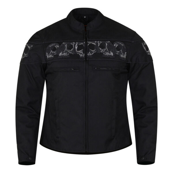 High Mileage Men's Concealed Carry Black Reflective Skulls Textile Motorcycle Jacket