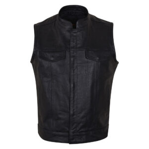 Mens Premium Black Cowhide Zipper and Snap Closure Concealed Carry SOA Style Leather Biker Motorcycle Vest