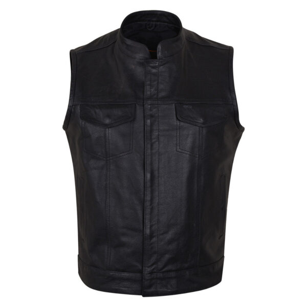 Mens Premium Black Cowhide Zipper and Snap Closure Concealed Carry SOA Style Leather Biker Motorcycle Vest