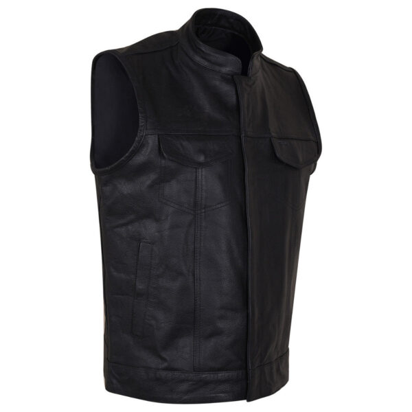 Mens Premium Black Cowhide Zipper and Snap Closure Concealed Carry SOA Style Leather Biker Motorcycle Vest - Image 3