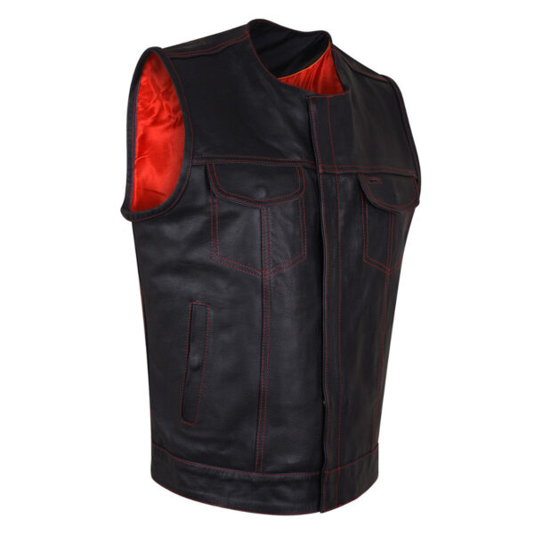 High Mileage Men's Black Premium Cowhide Leather SOA Style Club Vest With Quick Access Conceal Carry Pocket and Red Liner - Image 2