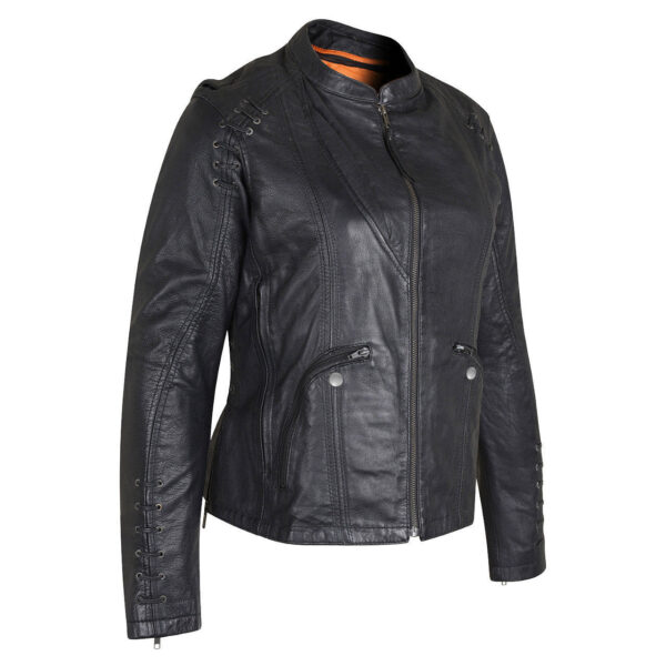 High Mileage Womens Lace and Grommet Detail Black Goatskin Leather Lady Biker Motorcycle Fashion Jacket - Image 3