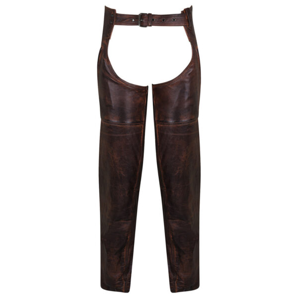 High Mileage Unisex Vintage Distressed Brown Biker Motorcycle Leather Chaps - Image 2