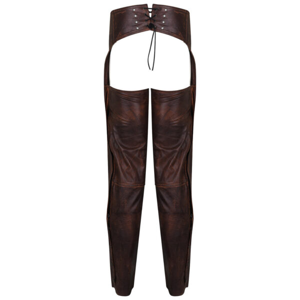 High Mileage Unisex Vintage Distressed Brown Biker Motorcycle Leather Chaps - Image 3