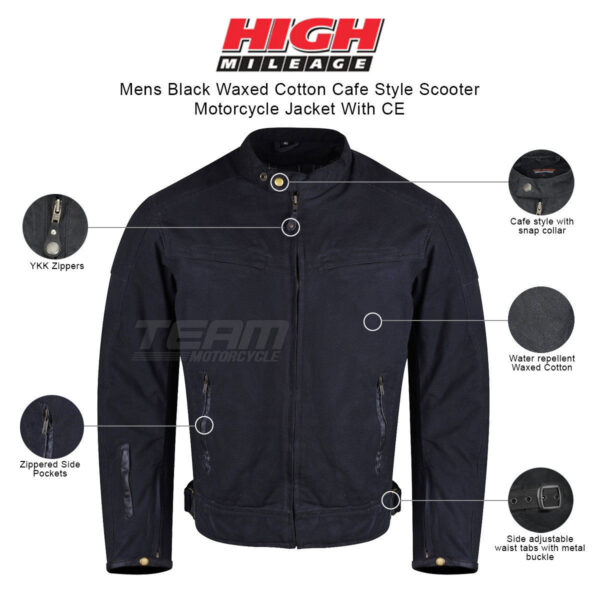 Mens Black Waxed Cotton Cafe Style Scooter Motorcycle Jacket With CE Armor - Image 5