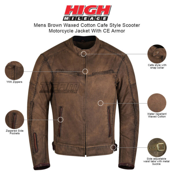 Mens Brown Waxed Cotton Cafe Style Scooter Motorcycle Jacket With CE Armor - Image 6