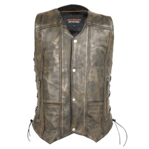High Mileage Mens Distressed Brown Premium Cowhide Ten Pocket Leather Motorcycle Vest