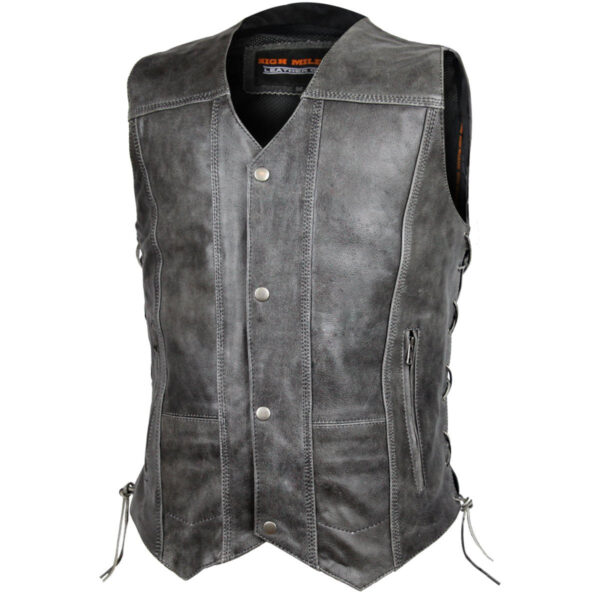 High Mileage Men's Distressed Gray Premium Cowhide Ten Pocket Leather Motorcycle Vest - Image 2