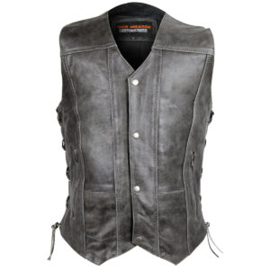 High Mileage Men's Distressed Gray Premium Cowhide Ten Pocket Leather Motorcycle Vest