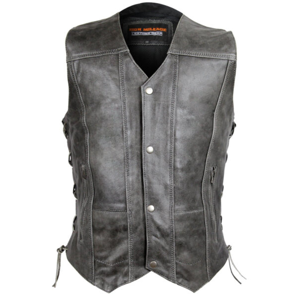 High Mileage Men's Distressed Gray Premium Cowhide Ten Pocket Leather Motorcycle Vest