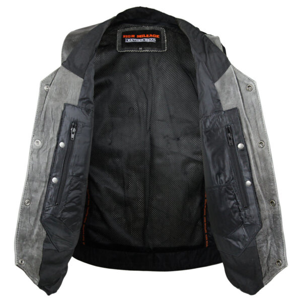 High Mileage Men's Distressed Gray Premium Cowhide Ten Pocket Leather Motorcycle Vest - Image 4