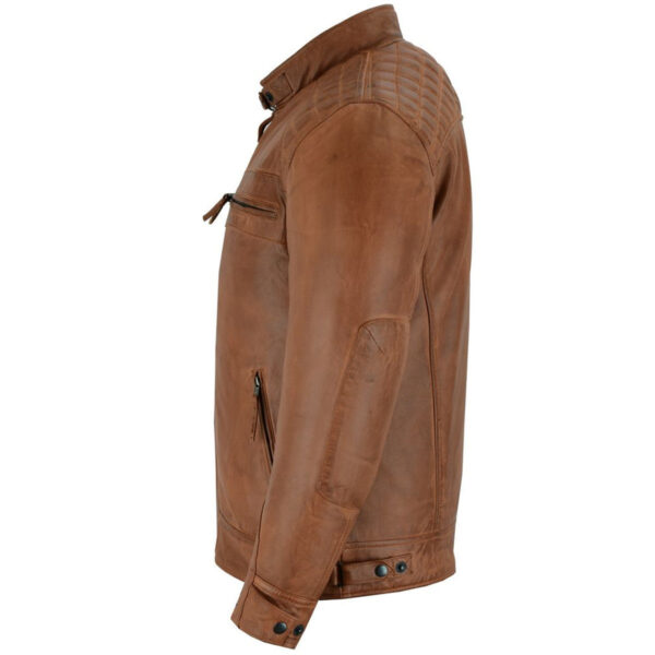 Mens Cafe Racer Waxed Lambskin Austin Brown Motorcycle Leather Jacket - Image 5