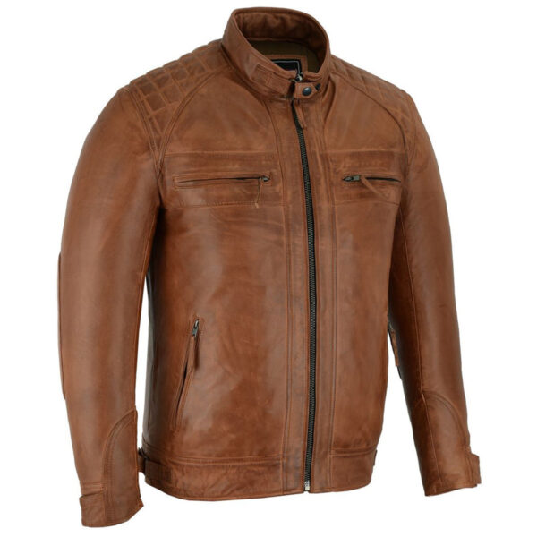 Mens Cafe Racer Waxed Lambskin Austin Brown Motorcycle Leather Jacket - Image 4