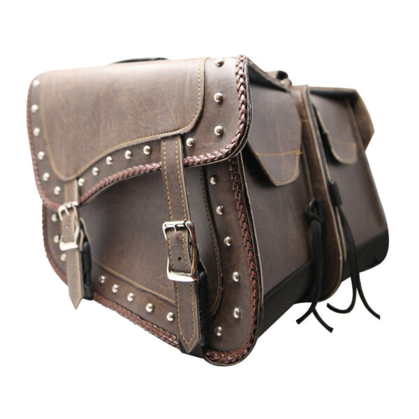 Vance Distressed Brown Studded Concealed Carry Motorcycle Saddlebags for Honda Yamaha Kawasaki Indian and Harley Davidson Motorcycles - Image 2