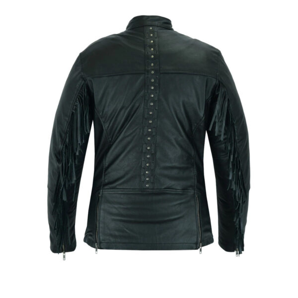High Mileage "Roxy" Women's Fringe and Rivet Detail Premium Lightweight Black Leather Lady Biker Motorcycle Fashion Jacket - Image 3
