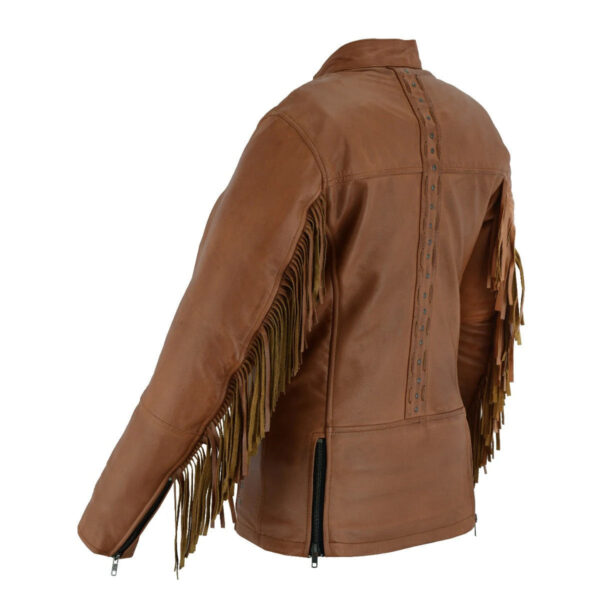 High Mileage "Roxy" Women's Fringe and Rivet Detail Premium Lightweight Brown Leather Lady Biker Motorcycle Fashion Jacket - Image 3