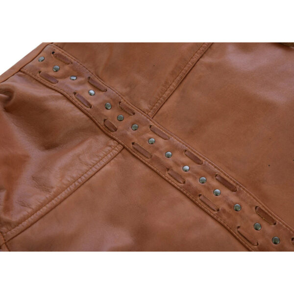 High Mileage "Roxy" Women's Fringe and Rivet Detail Premium Lightweight Brown Leather Lady Biker Motorcycle Fashion Jacket - Image 6