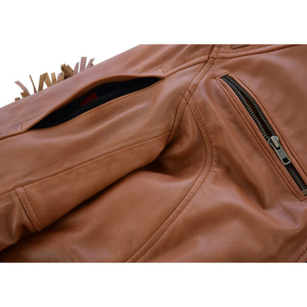 High Mileage "Roxy" Women's Fringe and Rivet Detail Premium Lightweight Brown Leather Lady Biker Motorcycle Fashion Jacket - Image 8