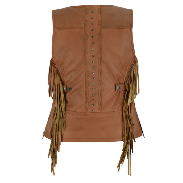 High Mileage 'Roxy' Ladies Premium Brown Leather Vest with Fringes and Rivets - Image 3