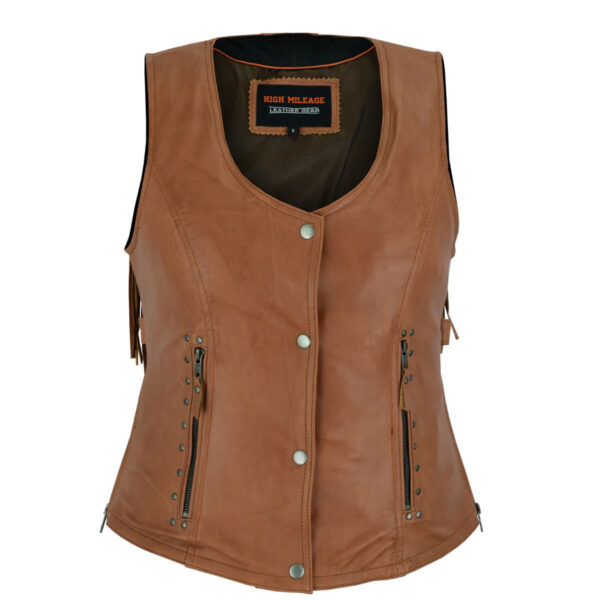 High Mileage 'Roxy' Ladies Premium Brown Leather Vest with Fringes and Rivets - Image 5