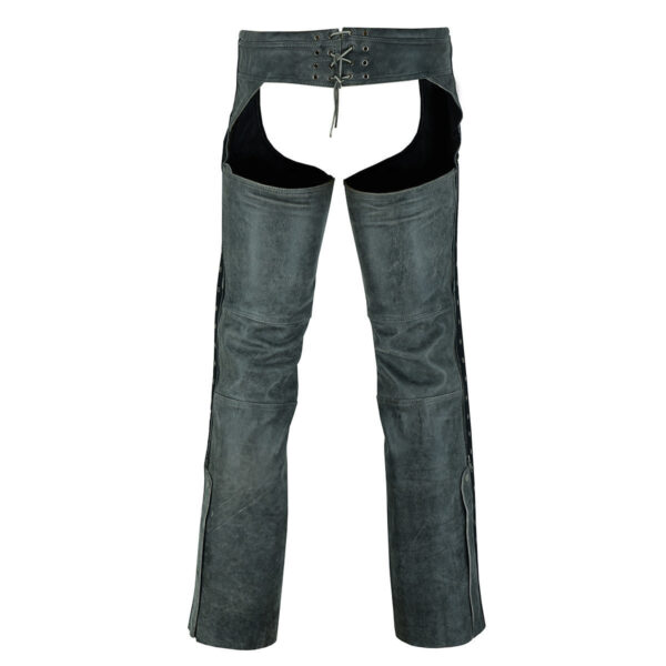 High Mileage Womens Vintage Distressed Gray Soft Goatskin Lady Biker Motorcycle Leather Chaps with Grommeted Twill and Lace - Image 3