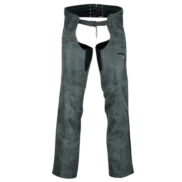 High Mileage Womens Vintage Distressed Gray Soft Goatskin Lady Biker Motorcycle Leather Chaps with Grommeted Twill and Lace - Image 5