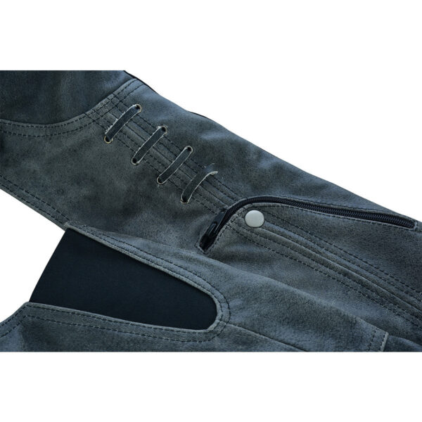 High Mileage Womens Vintage Distressed Gray Soft Goatskin Lady Biker Motorcycle Leather Chaps with Grommeted Twill and Lace - Image 6