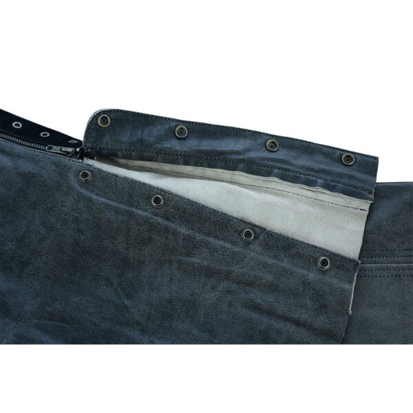 High Mileage Womens Vintage Distressed Gray Soft Goatskin Lady Biker Motorcycle Leather Chaps with Grommeted Twill and Lace - Image 7