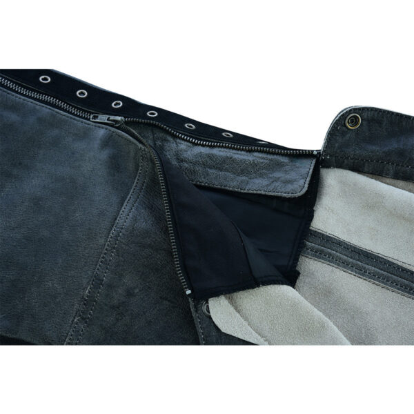 High Mileage Womens Vintage Distressed Gray Soft Goatskin Lady Biker Motorcycle Leather Chaps with Grommeted Twill and Lace - Image 8