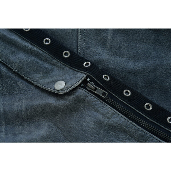 High Mileage Womens Vintage Distressed Gray Soft Goatskin Lady Biker Motorcycle Leather Chaps with Grommeted Twill and Lace - Image 10