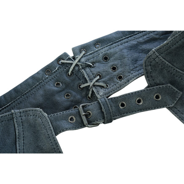 High Mileage Womens Vintage Distressed Gray Soft Goatskin Lady Biker Motorcycle Leather Chaps with Grommeted Twill and Lace - Image 11