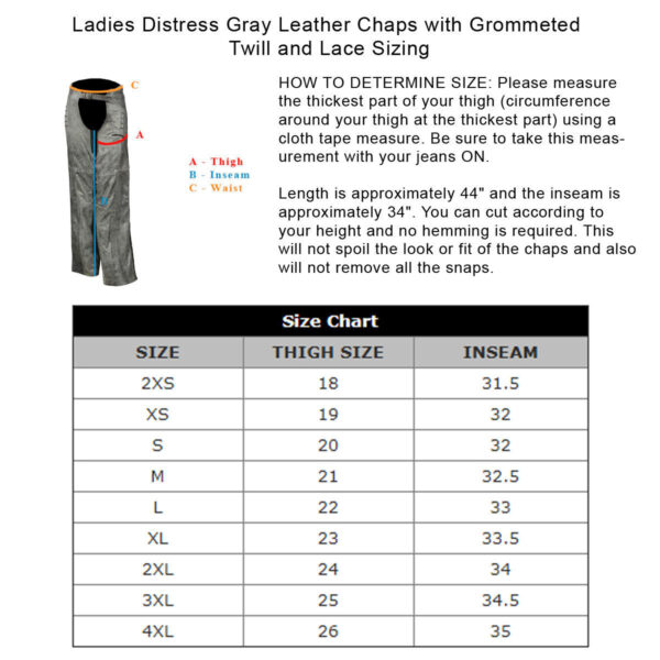 High Mileage Womens Vintage Distressed Gray Soft Goatskin Lady Biker Motorcycle Leather Chaps with Grommeted Twill and Lace - Image 12