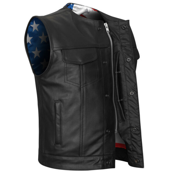 High Mileage Mens Zipper and Snap Closure Collarless Club Vest with American Flag Liner - Image 2