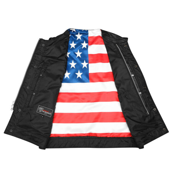 High Mileage Mens Zipper and Snap Closure Collarless Club Vest with American Flag Liner - Image 5