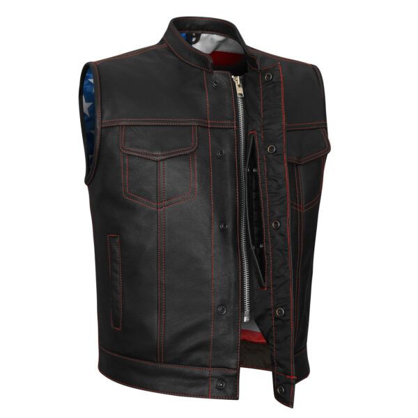 High Mileage Men's Zipper and Snap Closure Collarless Leather Club Vest with American Flag Liner and Red Stitching - Image 2