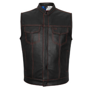 High Mileage Men's Zipper and Snap Closure Collarless Leather Club Vest with American Flag Liner and Red Stitching