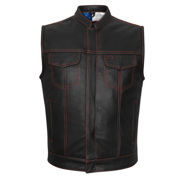 High Mileage Men's Zipper and Snap Closure Collarless Leather Club Vest with American Flag Liner and Red Stitching